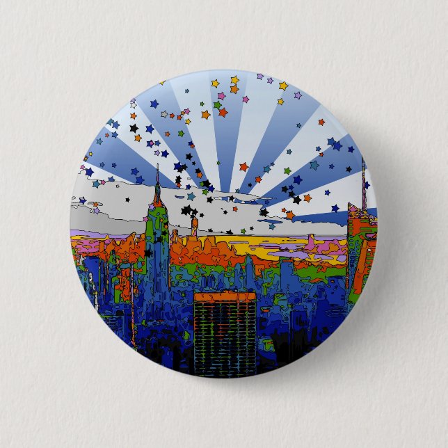 Macaron Rond 5 Cm NYC psychédélique : vue large Skyline ESB (Devant)
