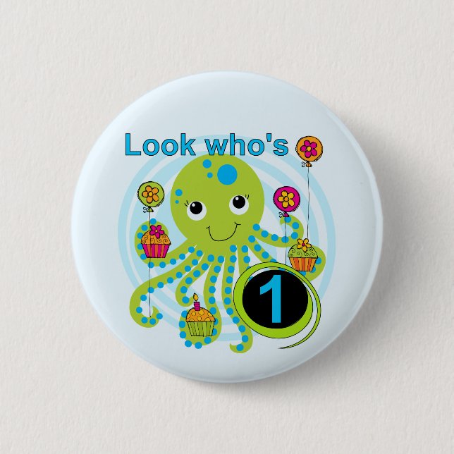 Macaron Rond 5 Cm Octopus 1er Anniversaire T-shirts et cadeaux (Devant)