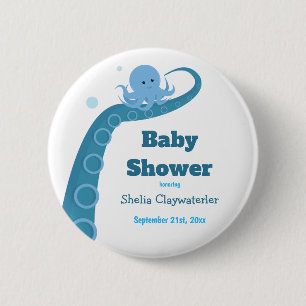 Macaron Rond 5 Cm Octopus bleu   bouton Baby shower