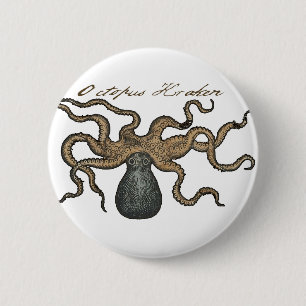 Macaron Rond 5 Cm Octopus Kraken Illustration Vintage