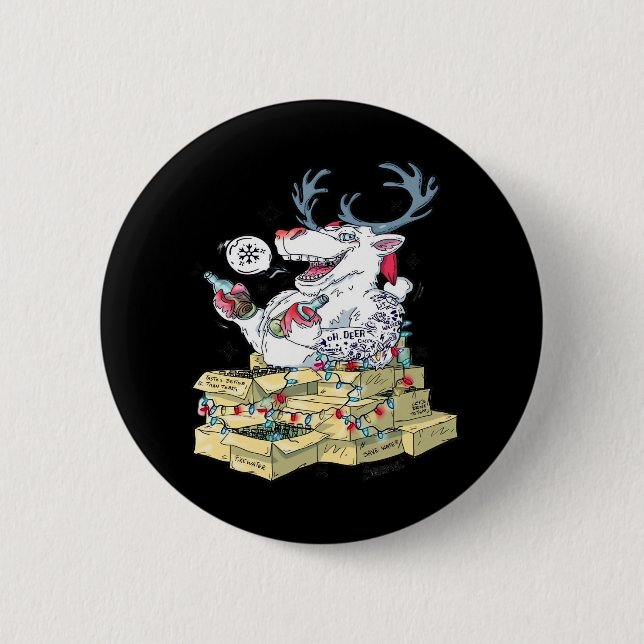 Macaron Rond 5 Cm Oh Deer Drunk Reindeer Celebrating Christmas Festi (Devant)