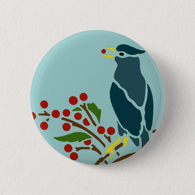 Macaron Rond 5 Cm Oiseau bleu avec des baies (Devant)