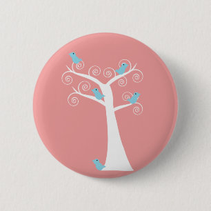 Macaron Rond 5 Cm Oiseau bleu Oiseaux dans un arbre Arbre blanc Rose