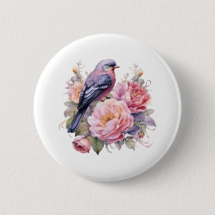 Macaron Rond 5 Cm Oiseau chanteur debout sur des pivoines roses