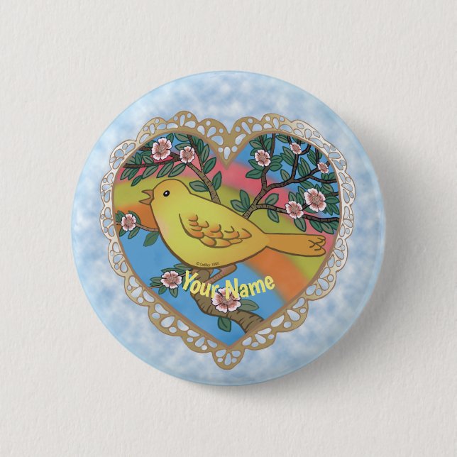 Macaron Rond 5 Cm Oiseau de coeur jaune personnalisé (Devant)
