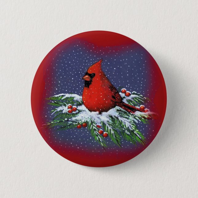 MACARON ROND 5 CM OISEAU DE NOËL : CARDINAL : ART (Devant)