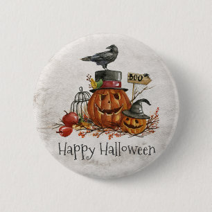 Macaron Rond 5 Cm Oiseau noir d'Halloween et Citrouilles  Bouton