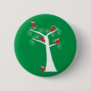 Macaron Rond 5 Cm Oiseaux de Noël rouge dans un arbre vert de Père N