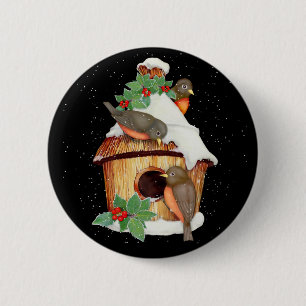 Macaron Rond 5 Cm Oiseaux d'hiver et maison d'oiseaux