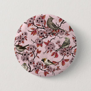 Macaron Rond 5 Cm Oiseaux et fleurs de cerisier sur rose rose