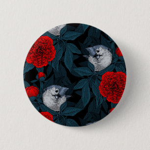 Macaron Rond 5 Cm Oiseaux et fleurs de pivoines rouges avec feuilles