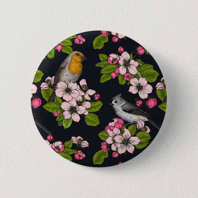 Macaron Rond 5 Cm Oiseaux et fleurs en noir (Devant)