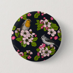 Macaron Rond 5 Cm Oiseaux et fleurs en noir