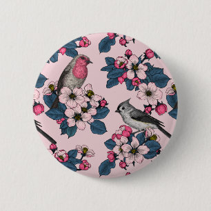 Macaron Rond 5 Cm Oiseaux et fleurs roses