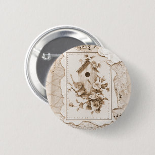 Macaron Rond 5 Cm Oiseaux Et Maison Shabby Chic