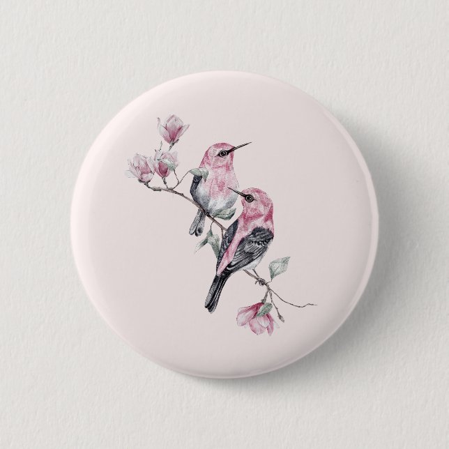 Macaron Rond 5 Cm Oiseaux roses et noirs sur une branche d'arbre (Devant)