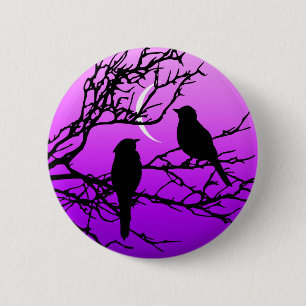 Macaron Rond 5 Cm Oiseaux sur une branche, Noir contre le crépuscule