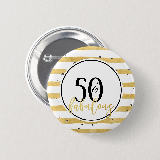 Macaron Rond 5 Cm Or moderne 50 & Fabuleux Bouton Confetti Anniversa (Devant & derrière)