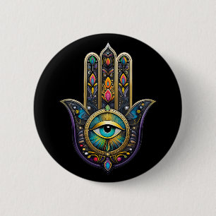 Macaron Rond 5 Cm Or noir coloré Hamsa avec troisième œil turquoise