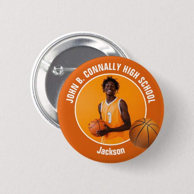 Macaron Rond 5 Cm Orange Basketball Player Photo High School Spirit (Devant & derrière)