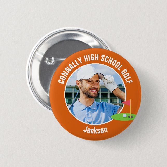 Macaron Rond 5 Cm Orange Golfer Photo High School Golf Team (Devant & derrière)
