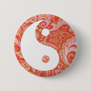Macaron Rond 5 Cm Orange Paisley Yin et Yang