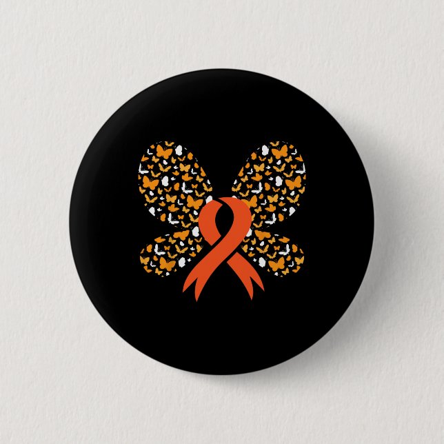 Macaron Rond 5 Cm Orange Ruban Papillon Leucémie Sensibilisation Sur (Devant)