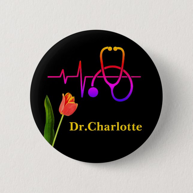 Macaron Rond 5 Cm Orange Tulip Heartbeat Stethoscope Médicale (Devant)