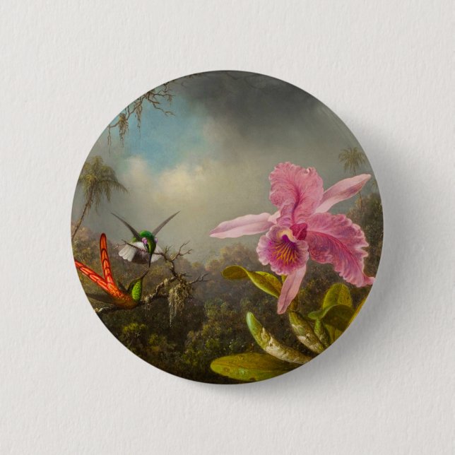 Macaron Rond 5 Cm Orchidée avec deux colibris Heade (Devant)