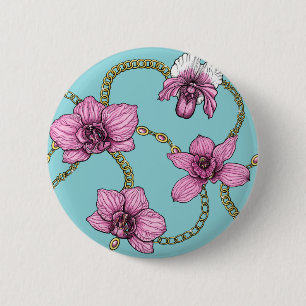 Macaron Rond 5 Cm Orchidées et chaînes, roses et bleues