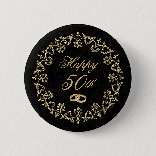 Macaron Rond 5 Cm Ornate Gold sur Black 50e anniversaire Mariage (Devant)