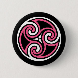 Macaron Rond 5 Cm Ornement de Triskele celtique, Fuchsia, noir et bl