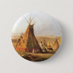 Macaron Rond 5 Cm Ouest d'Amérique vintage, Teepees on Plain par Bod