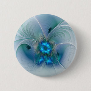 Macaron Rond 5 Cm Ovation debout, fractale bleue turquoise abstraite