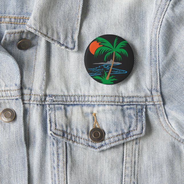 Macaron Rond 5 Cm Palm Tree by the River | Tropical Sunset Art (En situation)