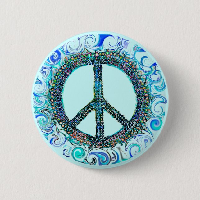 Macaron Rond 5 Cm Panneau de Paix Avec Vagues Bleues (Devant)