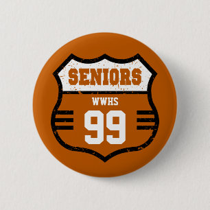 Macaron Rond 5 Cm Panneau routier Seniors Orange Brûlé en détresse