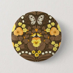 Macaron Rond 5 Cm Pansies jaunes, oiseaux et papillons