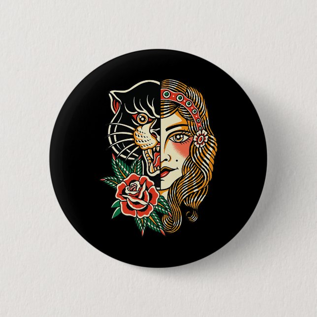 Macaron Rond 5 Cm Panthère tzigane traditionnel américain Encre de t (Devant)