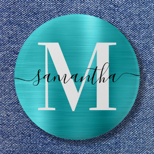 Macaron Rond 5 Cm Papier alu Monogramme Signature Turquoise Bleu Bri