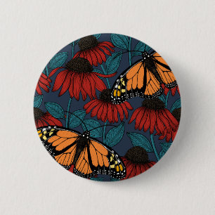 Macaron Rond 5 Cm Papillon monarque sur des fleurs rouges
