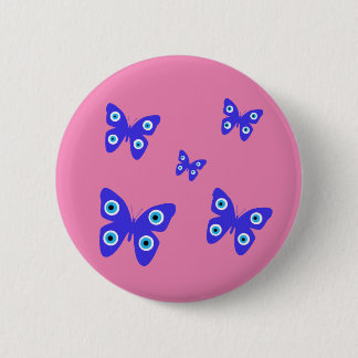 Macaron Rond 5 Cm Papillons bleus mal oeil avec Arrière - plan rose