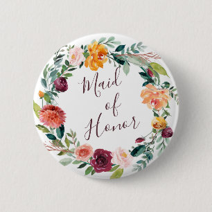 Macaron Rond 5 Cm Paprika Burgundy Floral Maid of Honor Button