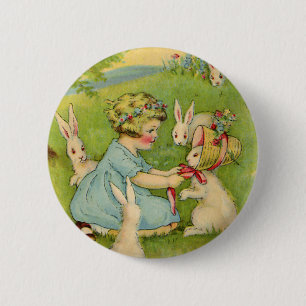 Macaron Rond 5 Cm Pâques vintages, Bonnet fille sur lapin lapin