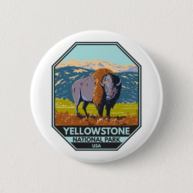 Macaron Rond 5 Cm Parc national de Yellowstone Bison nord-américain (Devant)