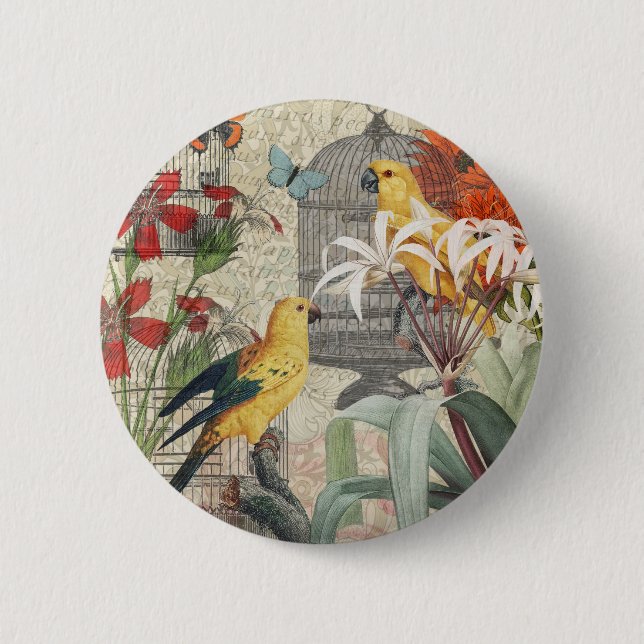 Macaron Rond 5 Cm Parrot Jaune Tropical Antique Fleur (Devant)