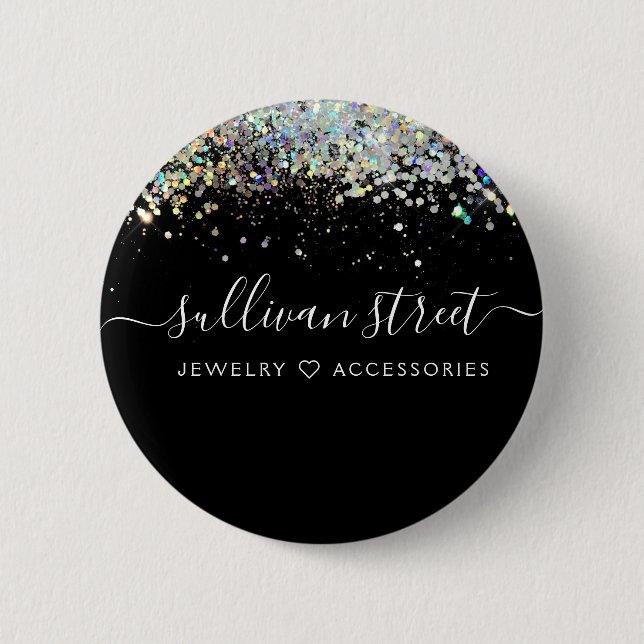 Macaron Rond 5 Cm Parties scintillant holographique noire (Devant)