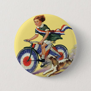Macaron Rond 5 Cm Patriotisme vintage, Girl Riding a Patriotic Bike