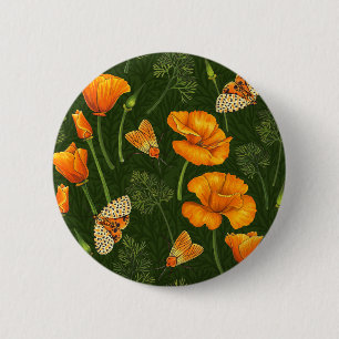 Macaron Rond 5 Cm Pavot de Californie et papillons de nuit sur vert