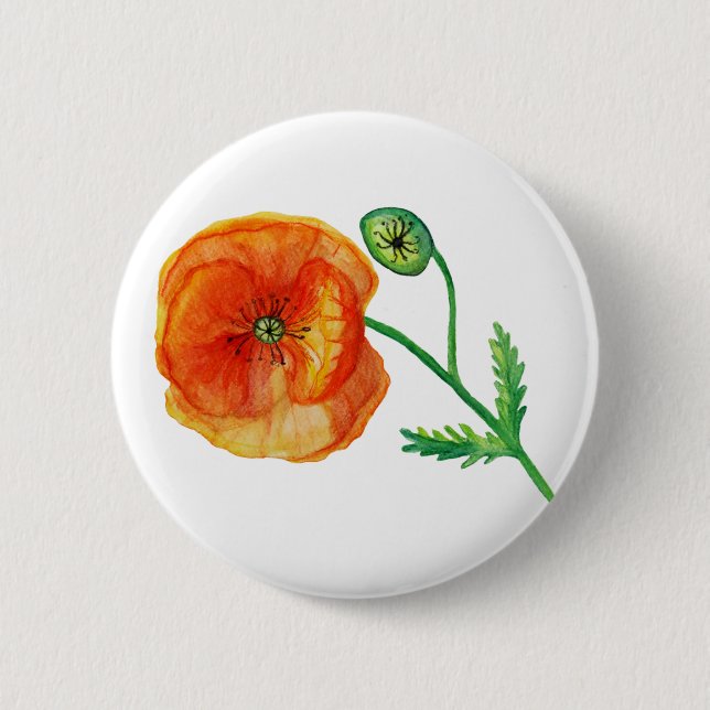 Macaron Rond 5 Cm Pavot rouge Aquarelle botanique Insigne d'art (Devant)